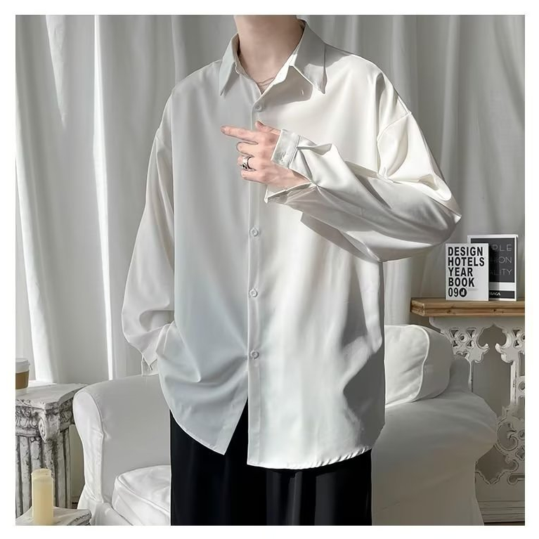Áo Sơ Mi Lụa Lạnh Màu Trơn Tay Dài Dáng Rộng Thời Trang Mùa Hè Hàn Quốc 2023 Cho Nam