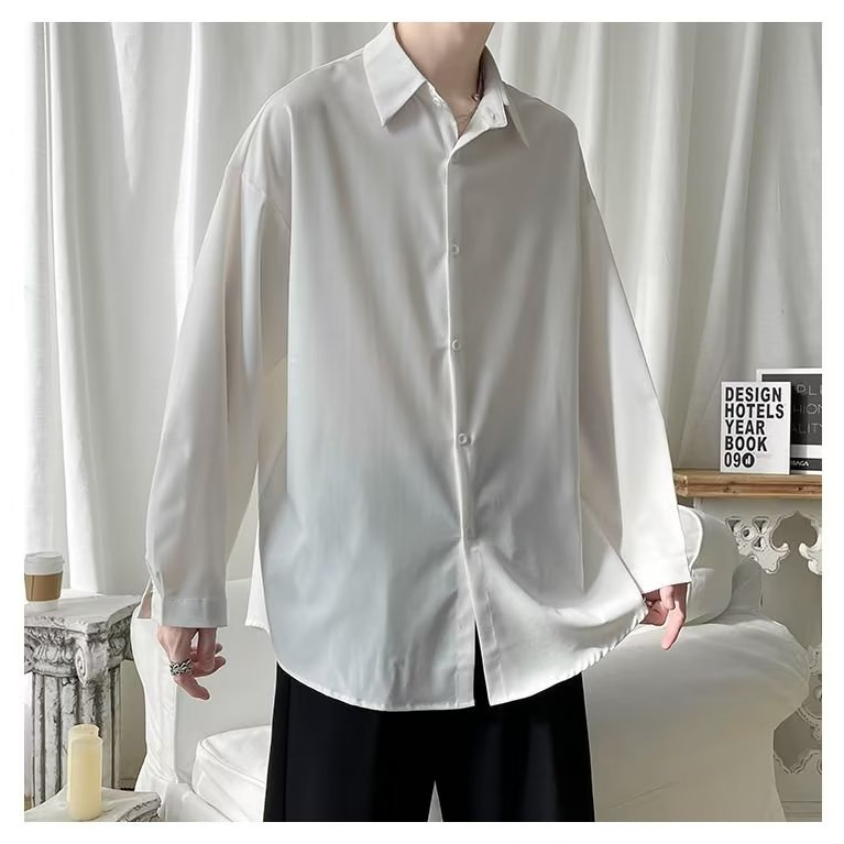 Áo Sơ Mi Lụa Lạnh Màu Trơn Tay Dài Dáng Rộng Thời Trang Mùa Hè Hàn Quốc 2023 Cho Nam