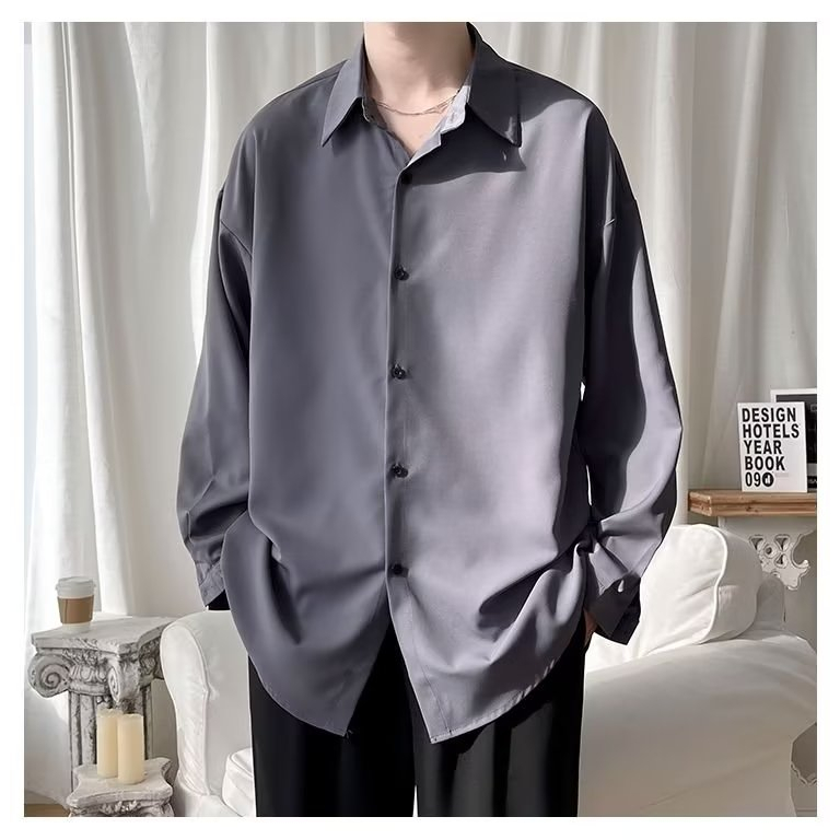 Áo Sơ Mi Lụa Lạnh Màu Trơn Tay Dài Dáng Rộng Thời Trang Mùa Hè Hàn Quốc 2023 Cho Nam