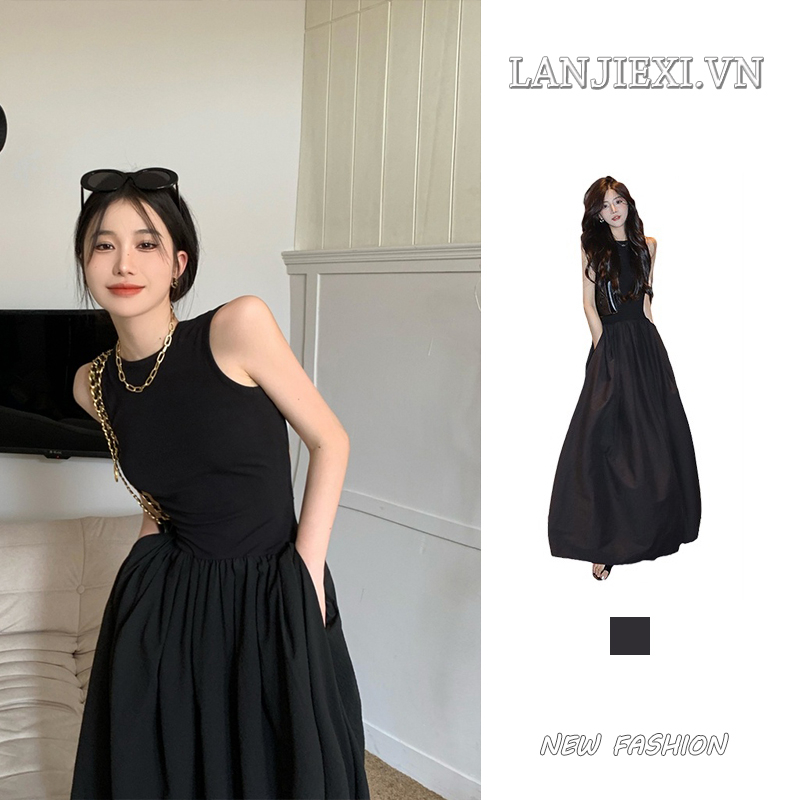 LANJIEXI Đầm Hai Dây Dáng Dài Form Ôm Phong Cách Pháp Quyến Rũ