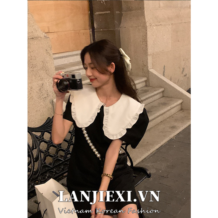 LANJIEXI Đầm Ngắn Tay Phồng Cổ Búp Bê Thời Trang Pháp Xinh Xắn
