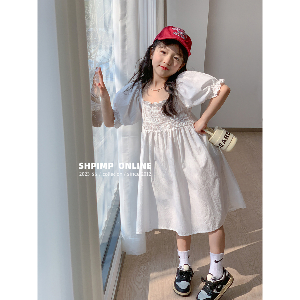 Korean Kids Girls Summer Square Neck Bubble Sleeve Ruffle Hem Solid Colour Dress Sweet Princess Dress