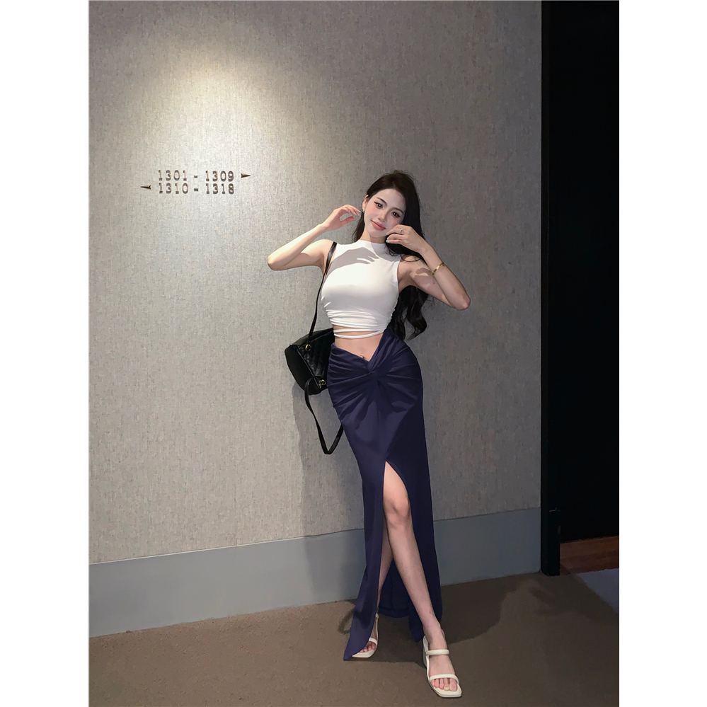 【COLORBLLIND】Hottie Sexy Outback Dây buộc T-shirt Ngắn Top Vest+Cắt cao eo nửa váy dài