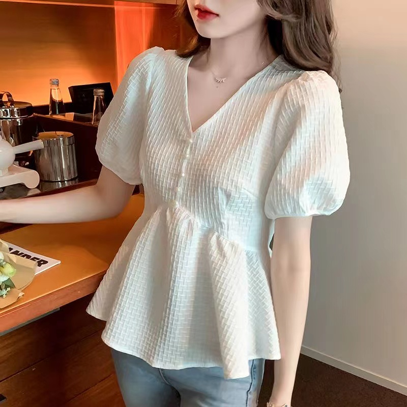 :orea : Omen : ashion v cổ áo phồng ngắn retro cổ điển áo mỏng