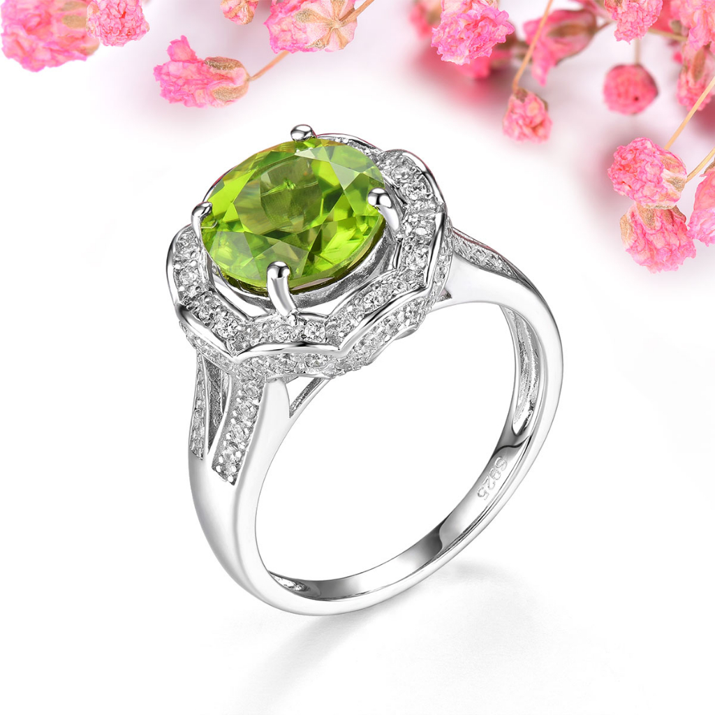 Trang sức Lohaspie Nhẫn Bạc 925 Nguyên Chất 3.2 Carat Đính Đá Quý Nhẫn Peridot Tự Nhiên Nhẫn Tròn Đá Quý Peridot Cho Nữ Nhẫn Cưới Nhẫn Thời Trang Nữ