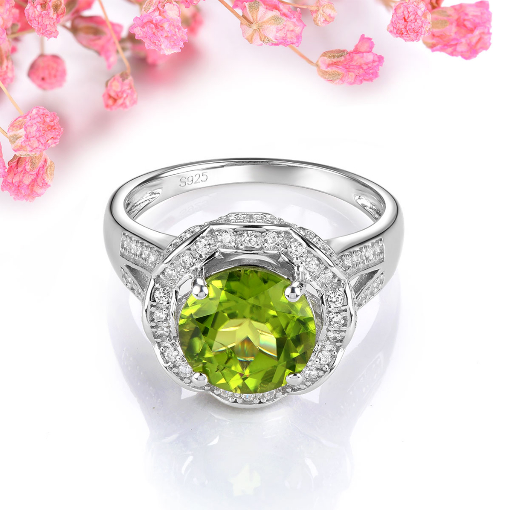 Trang sức Lohaspie Nhẫn Bạc 925 Nguyên Chất 3.2 Carat Đính Đá Quý Nhẫn Peridot Tự Nhiên Nhẫn Tròn Đá Quý Peridot Cho Nữ Nhẫn Cưới Nhẫn Thời Trang Nữ