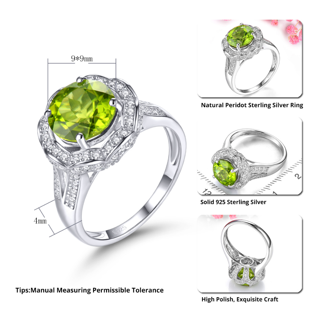 Trang sức Lohaspie Nhẫn Bạc 925 Nguyên Chất 3.2 Carat Đính Đá Quý Nhẫn Peridot Tự Nhiên Nhẫn Tròn Đá Quý Peridot Cho Nữ Nhẫn Cưới Nhẫn Thời Trang Nữ