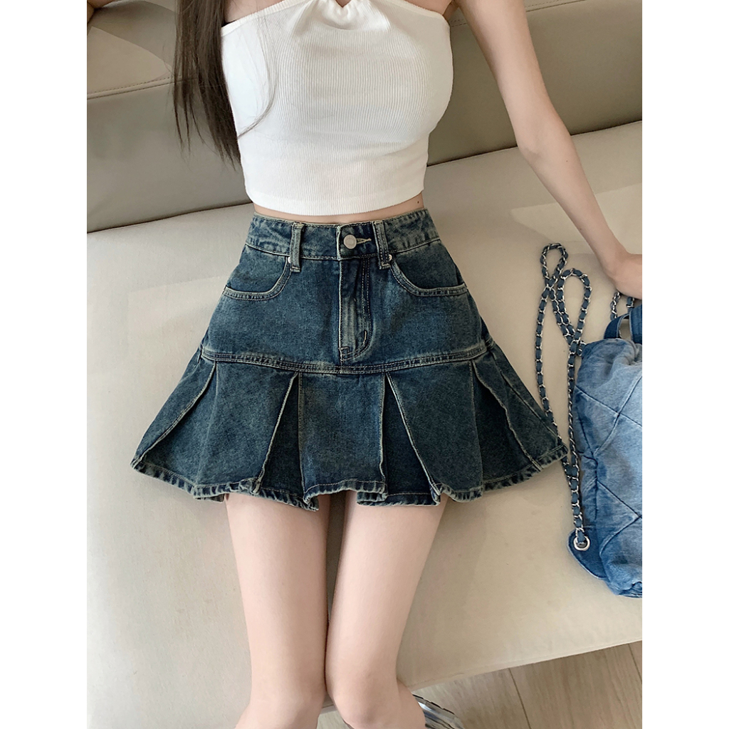 Váy ngắn denim xếp ly eo cho váy cổ điển thời trang của phụ nữ