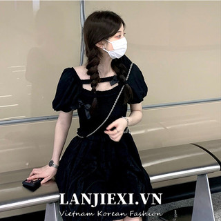 LANJIEXI Đầm Ngắn Màu Đen Thắt Nơ Nhấn Eo Tôn Dáng Hợp Thời Trang Kiểu Pháp