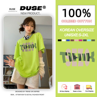 「DUSE」Áo Thun 100% cotton Dáng Rộng Tay Ngắn Cổ Tròn In Chữ Màu Xanh Lá Dạ Quang Phong Cách Hàn Quốc Thời Trang Mùa Hè