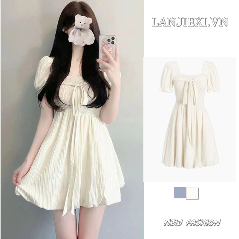 LANJIEXI Đầm Ngắn Cổ Vuông Nhấn Eo Phong Cách Pháp Thời Trang Xinh Xắn Cho Nữ