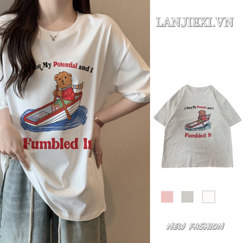 LANJIEXI Áo Thun Tay Ngắn In Họa Tiết Hoạt Hình Dễ Phối Đồ Hợp Thời Trang