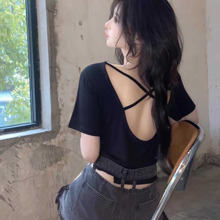 Áo thun ngắn tay hở lưng thời trang gợi cảm phong cách Hàn Quốc，Áo croptop