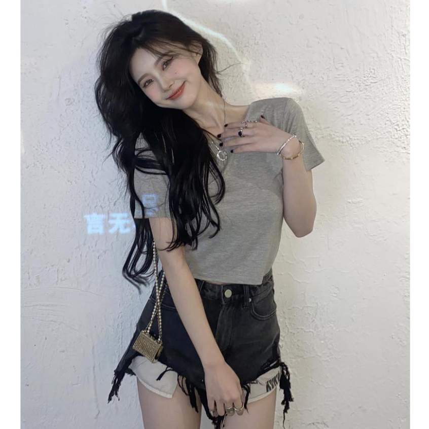 Áo thun ngắn tay hở lưng thời trang gợi cảm phong cách Hàn Quốc，Áo croptop