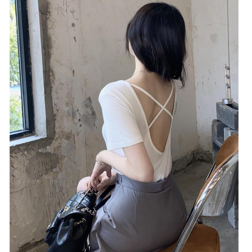【WANG JIAO ZHAN】 Áo thun ngắn tay hở lưng thời trang gợi cảm phong cách Hàn Quốc，Áo croptop【9941】
