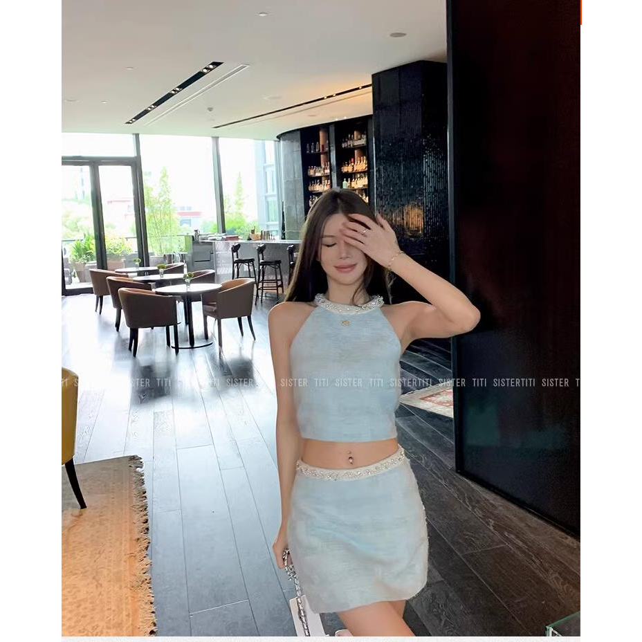 Honypove Set Áo Sát Nách Phối Khóa Kéo Và Chân Váy Đính Hạt Thời Trang Thái Lan