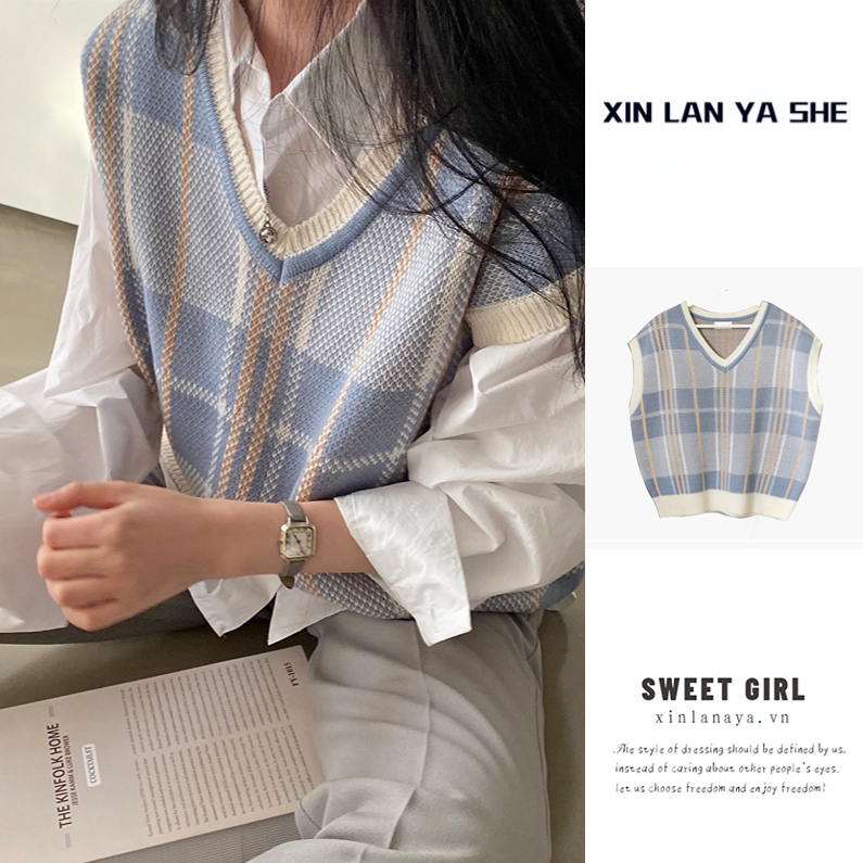 Áo sweater dệt kim XINLANYASHE dáng rộng họa tiết kẻ sọc phong cách Hàn Quốc cổ điển thời trang dành cho nữ