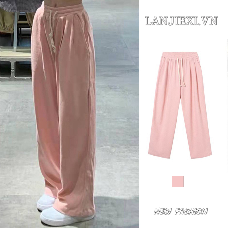 Quần ống rộng LANJIEXI lưng thun màu hồng thời trang cho nữ size S-4XL