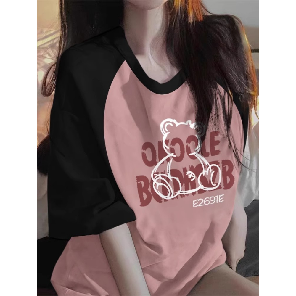 Áo Thun Cotton Raglan Tay Ngắn Dáng Rộng In Họa Tiết Gấu Màu Đen / Hồng Thời Trang Cho Nữ