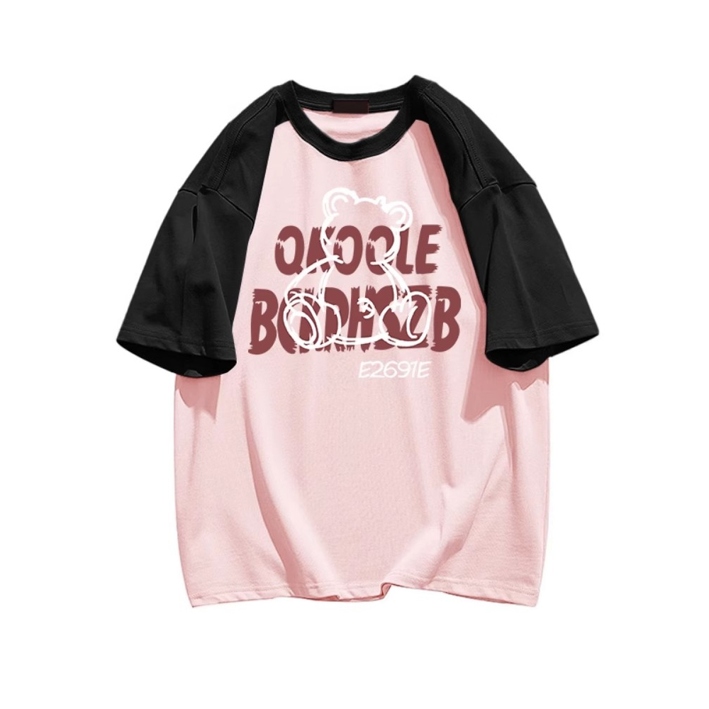 Áo Thun Cotton Raglan Tay Ngắn Dáng Rộng In Họa Tiết Gấu Màu Đen / Hồng Thời Trang Cho Nữ