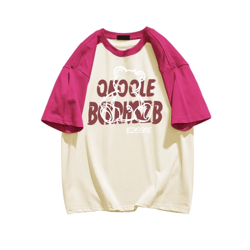 Áo Thun Cotton Raglan Tay Ngắn Dáng Rộng In Họa Tiết Gấu Màu Đen / Hồng Thời Trang Cho Nữ