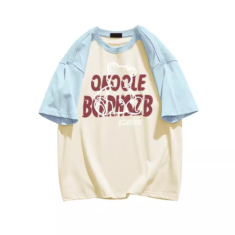 Áo Thun Cotton Raglan Tay Ngắn Dáng Rộng In Họa Tiết Gấu Màu Đen / Hồng Thời Trang Cho Nữ