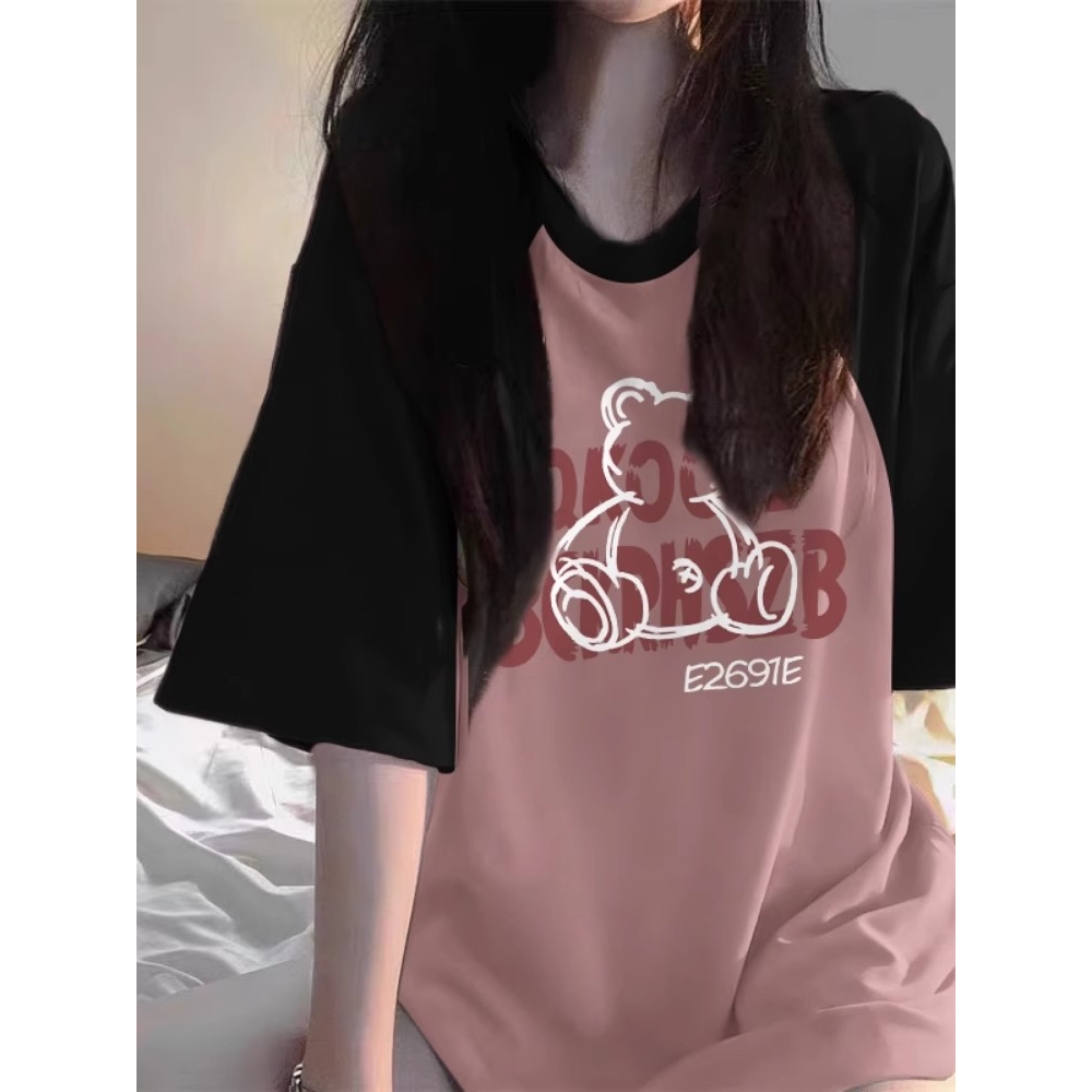 Áo Thun Cotton Raglan Tay Ngắn Dáng Rộng In Họa Tiết Gấu Màu Đen / Hồng Thời Trang Cho Nữ
