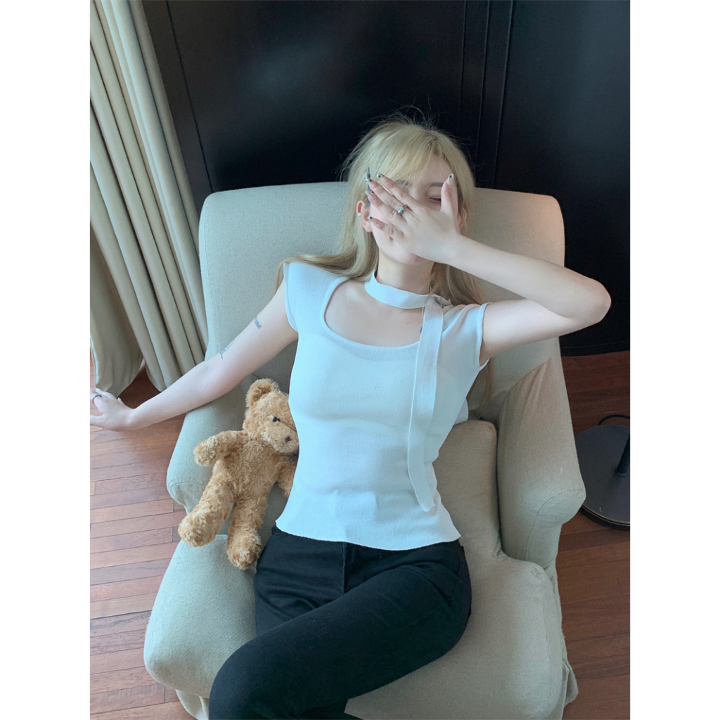 QKOOLE Áo Croptop Cổ Vuông Tay Ngắn Màu Trơn Thời Trang Mùa Hè Phong Cách Hàn Quốc Cho Nữ