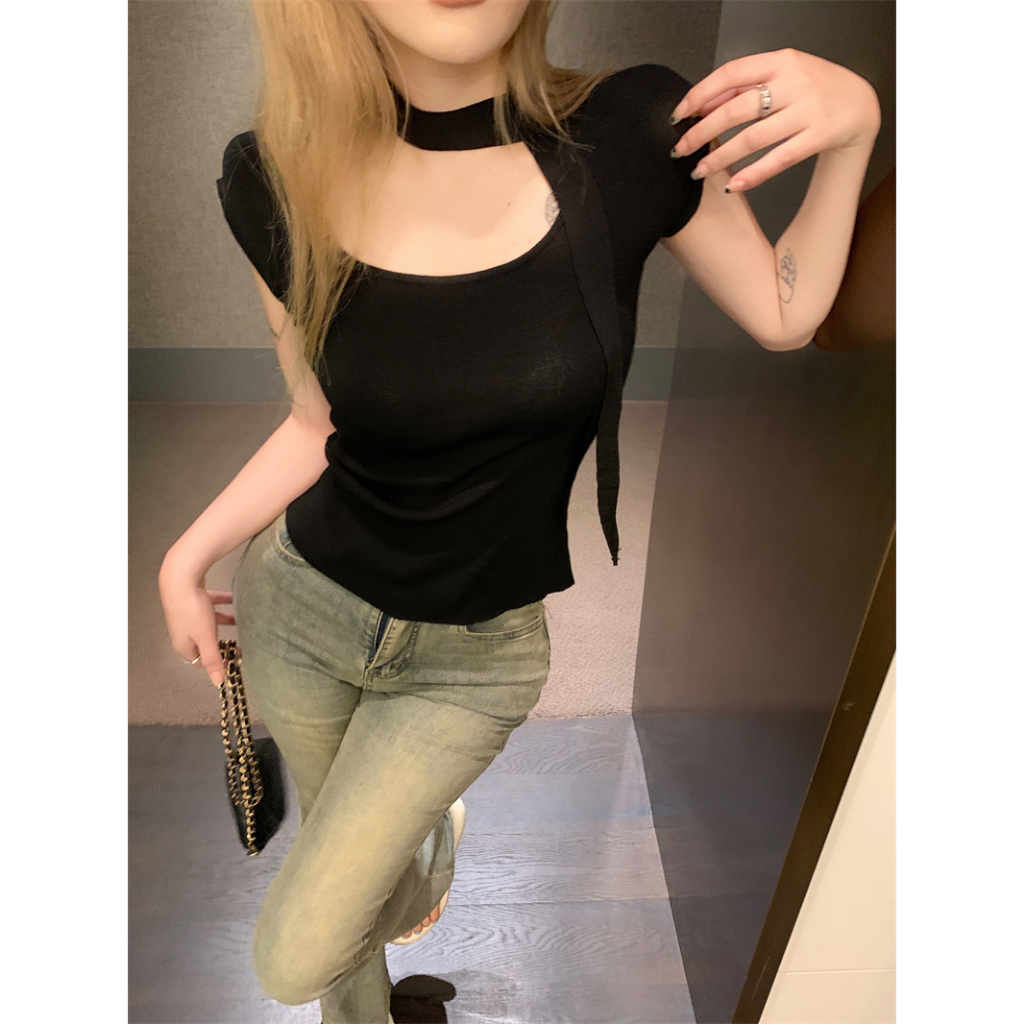 QKOOLE Áo Croptop Cổ Vuông Tay Ngắn Màu Trơn Thời Trang Mùa Hè Phong Cách Hàn Quốc Cho Nữ