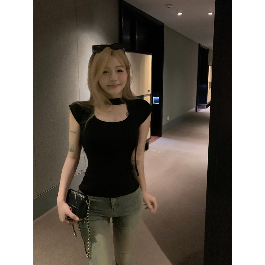 QKOOLE Áo Croptop Cổ Vuông Tay Ngắn Màu Trơn Thời Trang Mùa Hè Phong Cách Hàn Quốc Cho Nữ