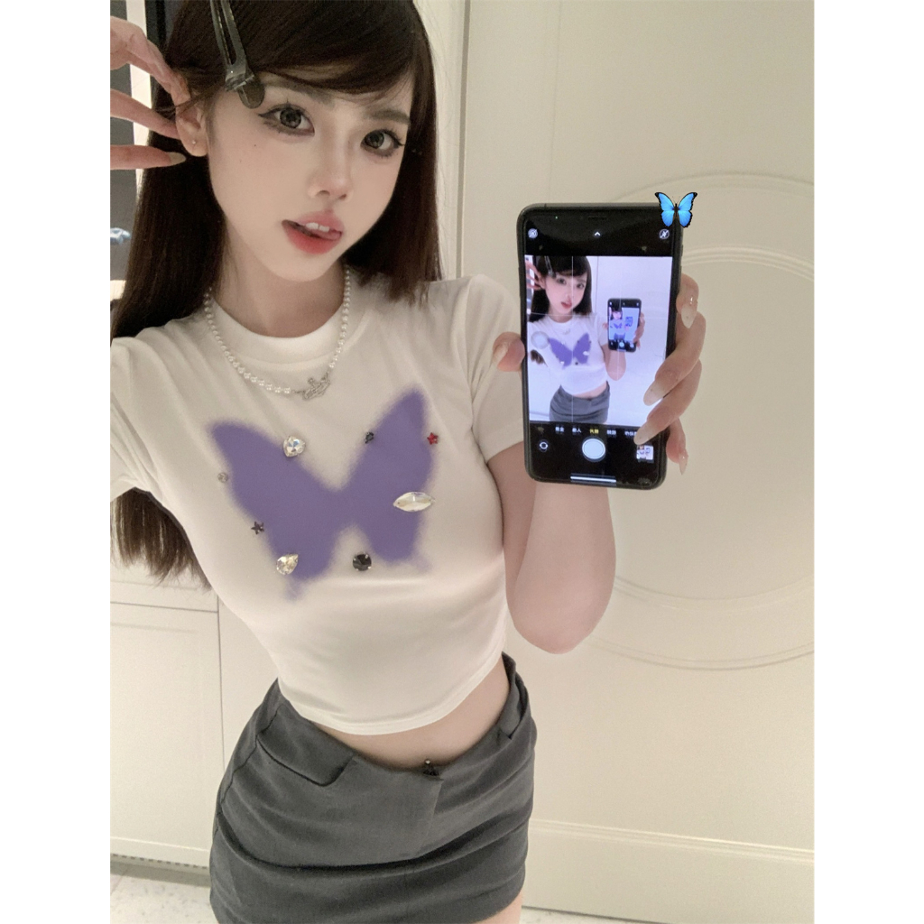 「 WELOVE1 」Áo Thun Ngắn Tay In Hình Bướm Đính Đá Thời Trang Mùa Hè Cho Nữ