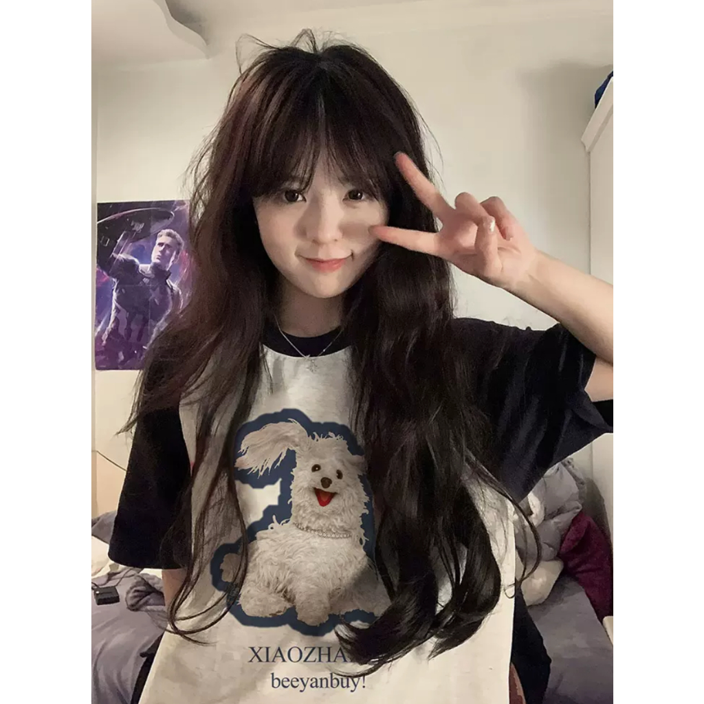 「DUSE」Áo Thun 100% cotton Tay Ngắn Cổ Tròn In Hình Chó Tây Tạng Thời Trang Mùa Hè