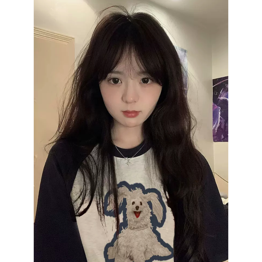 「DUSE」Áo Thun 100% cotton Tay Ngắn Cổ Tròn In Hình Chó Tây Tạng Thời Trang Mùa Hè