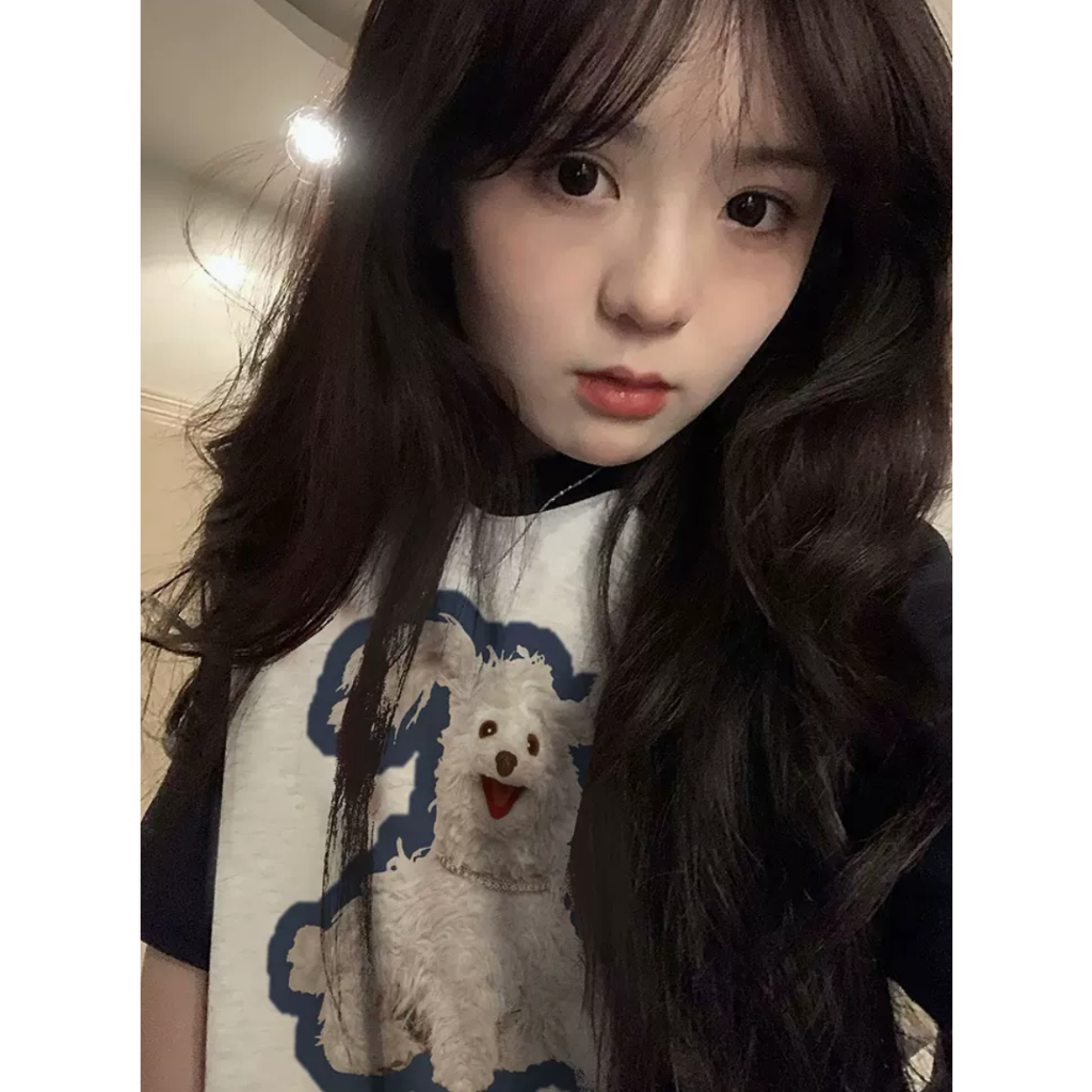 「DUSE」Áo Thun 100% cotton Tay Ngắn Cổ Tròn In Hình Chó Tây Tạng Thời Trang Mùa Hè