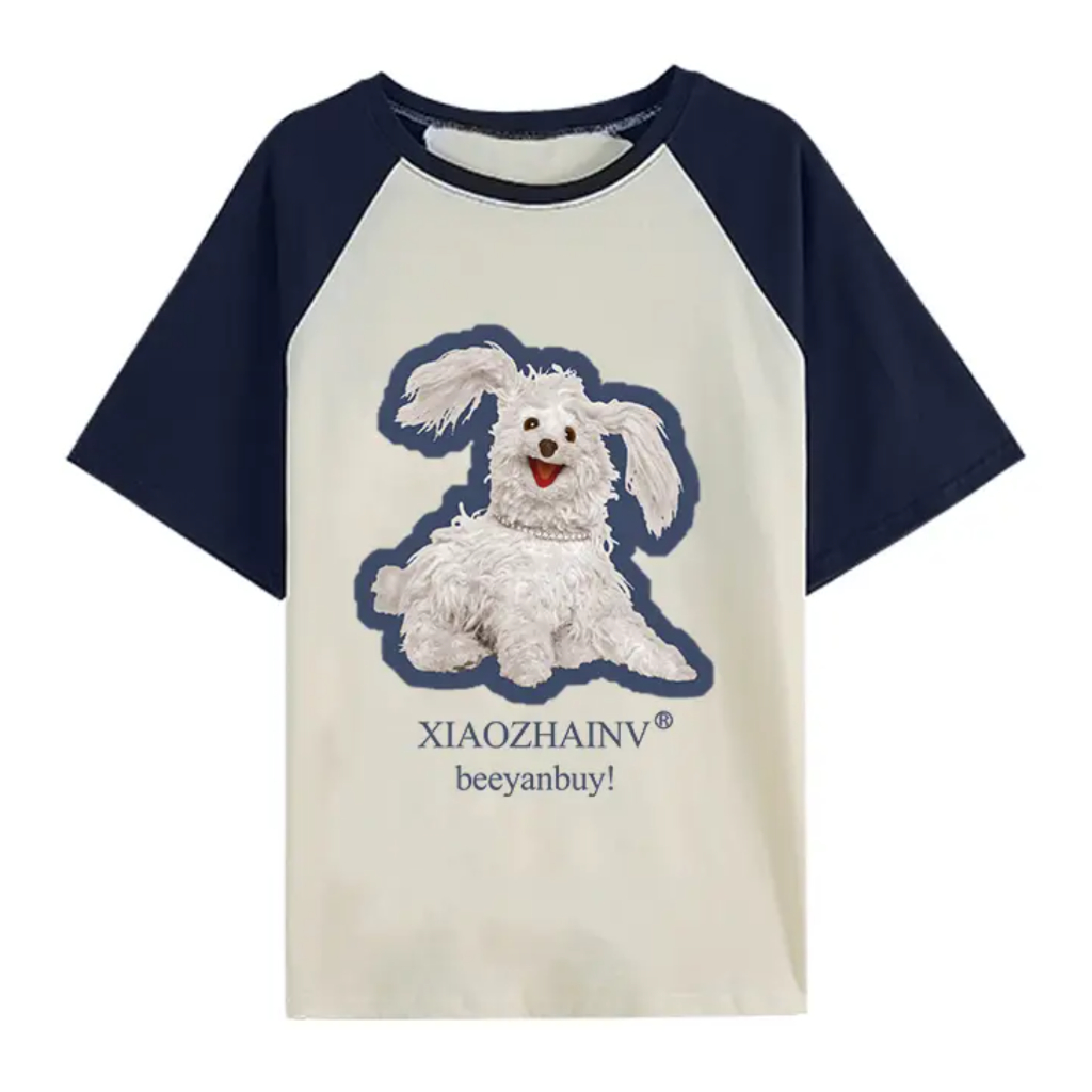 「DUSE」Áo Thun 100% cotton Tay Ngắn Cổ Tròn In Hình Chó Tây Tạng Thời Trang Mùa Hè