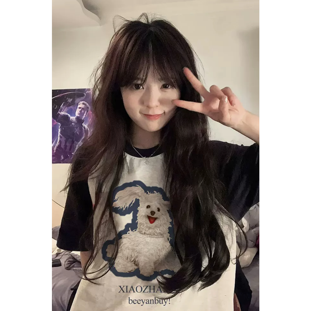 「DUSE」Áo Thun 100% cotton Tay Ngắn Cổ Tròn In Hình Chó Tây Tạng Thời Trang Mùa Hè