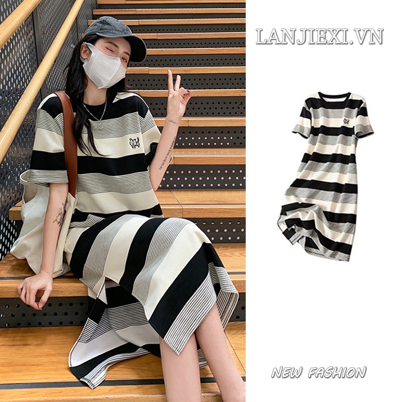 LANJIEXI Đầm dệt kim tay ngắn dáng rộng thiết kế xẻ tà thêu họa tiết xinh xắn thời trang