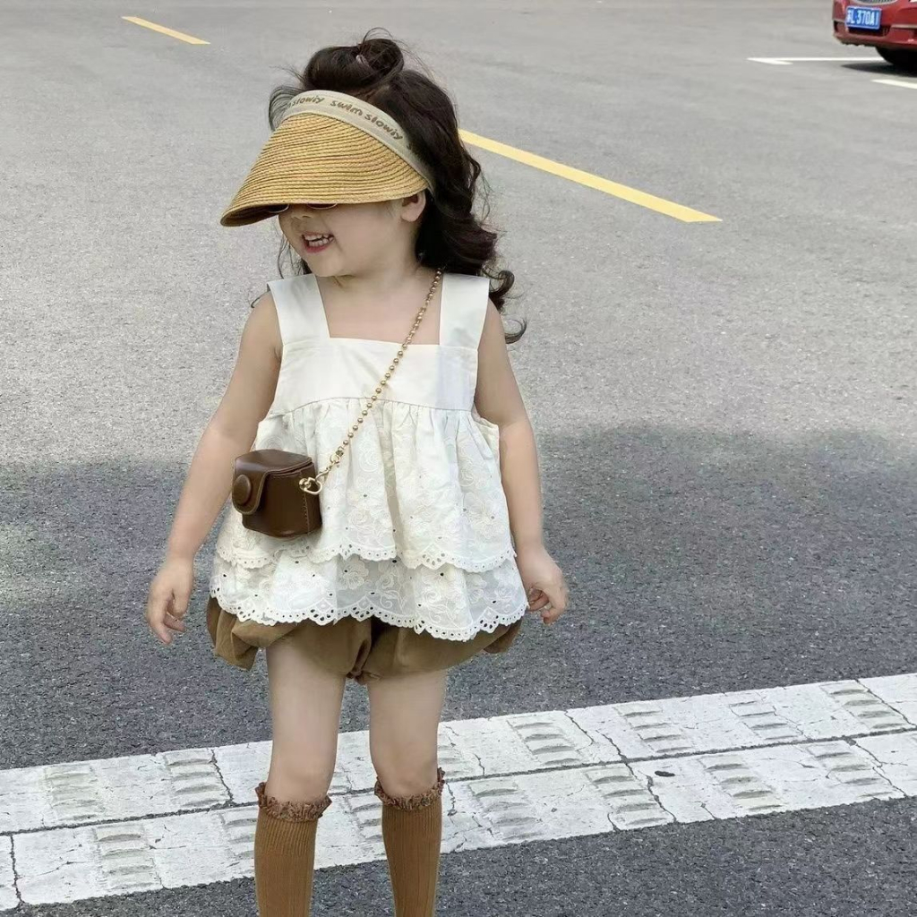 Bộ Áo Ren Thêu Họa Tiết + Quần Sooc Thời Trang Mùa Hè Hàn Quốc 2023 Cho Bé Gái