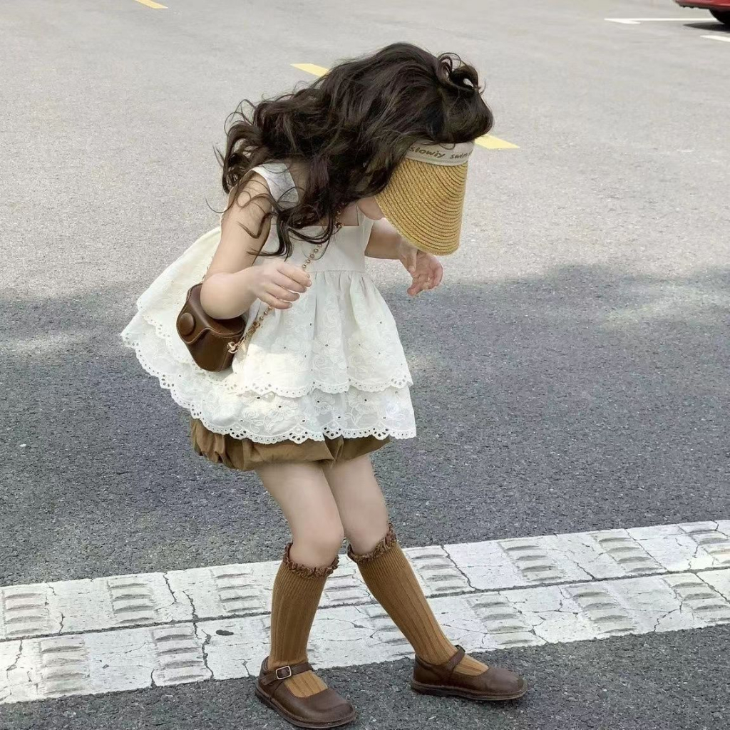Bộ Áo Ren Thêu Họa Tiết + Quần Sooc Thời Trang Mùa Hè Hàn Quốc 2023 Cho Bé Gái