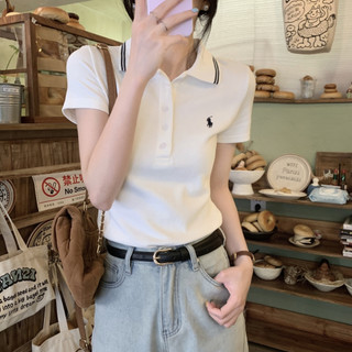 Áo thun ngắn tay cotton thêu cổ Polo nguyên chất dành cho nữ