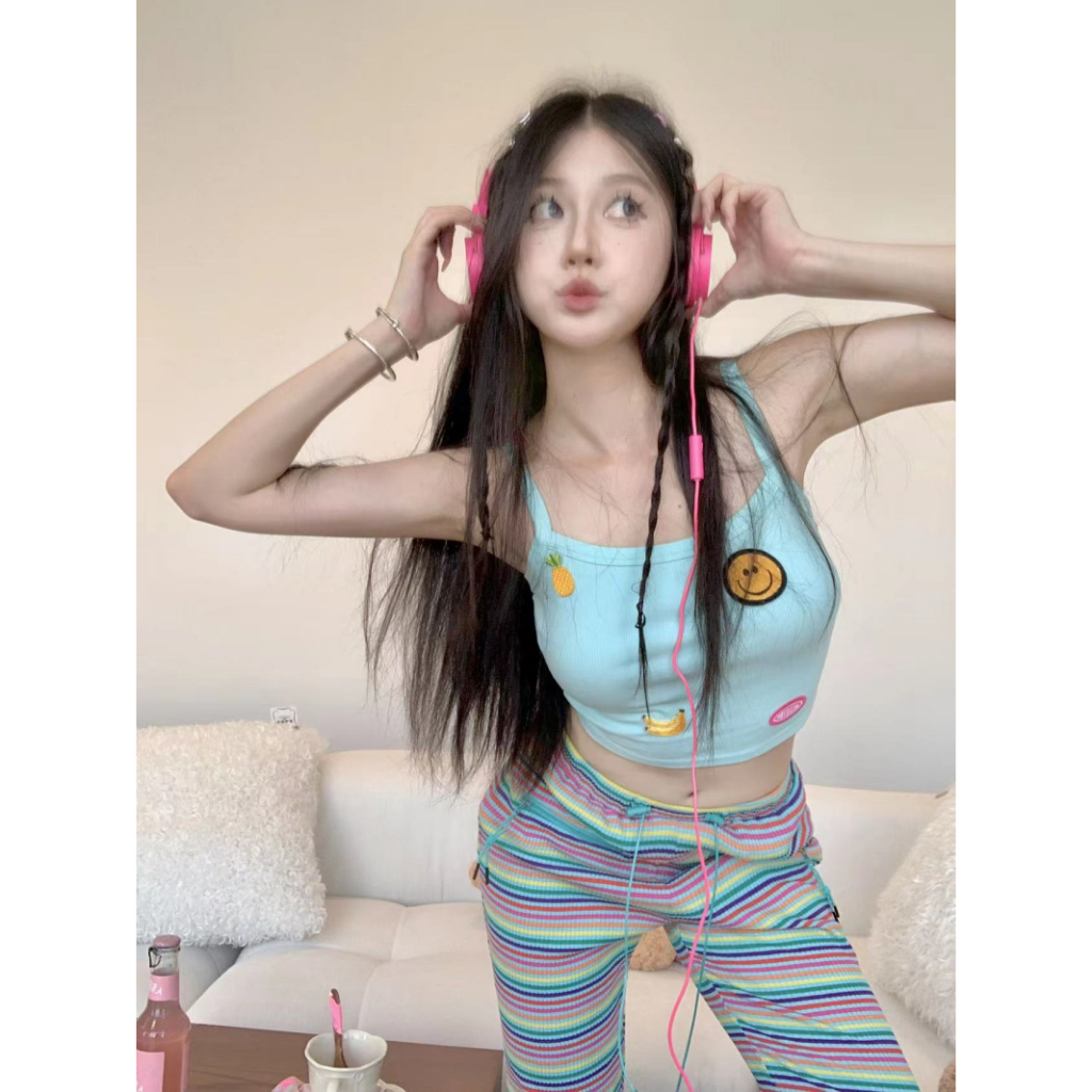 QADCOL Bộ Áo Tank Top Ôm Dáng + Quần Ống Loe Lưng Cao Kẻ Sọc Cầu Vồng Thời Trang Mùa Hè Cho Nữ