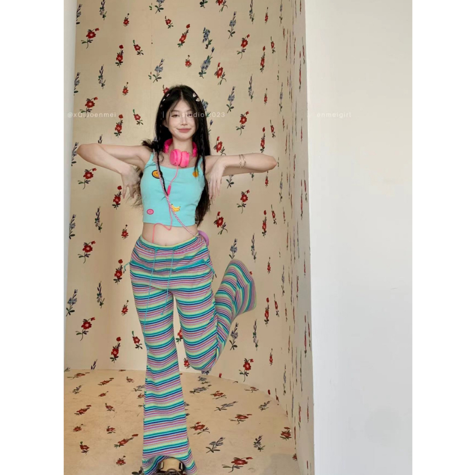 QADCOL Bộ Áo Tank Top Ôm Dáng + Quần Ống Loe Lưng Cao Kẻ Sọc Cầu Vồng Thời Trang Mùa Hè Cho Nữ