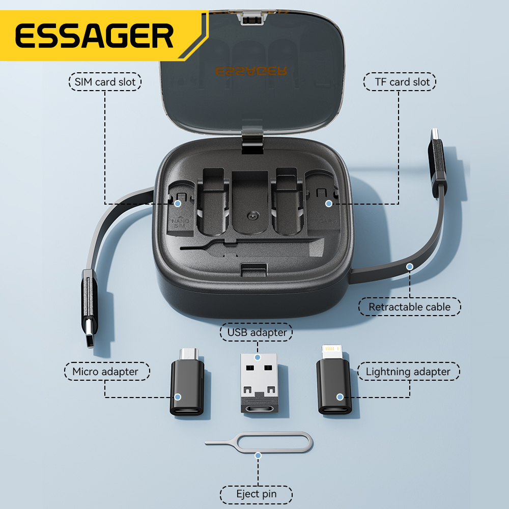 Essager Hộp Đựng Dây Cáp USB Type C OTG 60w 6 Trong 1 Đa Năng Có Thể Thu Gọn Kèm Giá Đỡ Điện Thoại Ẩn Tiện Dụng