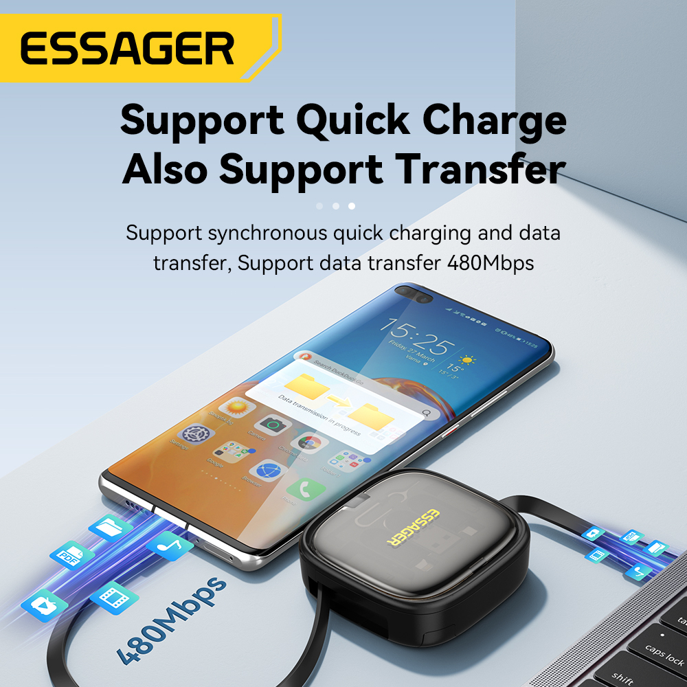 Essager Hộp Đựng Dây Cáp USB Type C OTG 60w 6 Trong 1 Đa Năng Có Thể Thu Gọn Kèm Giá Đỡ Điện Thoại Ẩn Tiện Dụng
