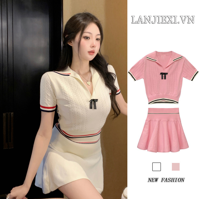 LANJIEXI Bộ Áo Dệt Kim Cổ Bẻ Phối Chân Váy Lưng Cao Ôm Dáng Gợi Cảm