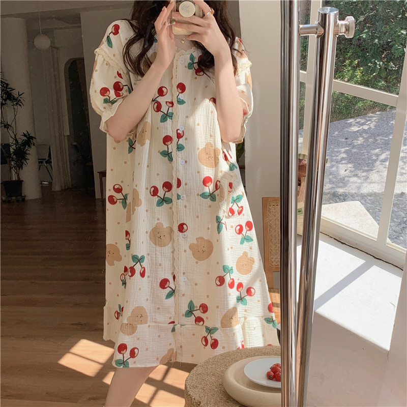 ❤ Bộ Đồ Ngủ Cotton Ngắn Tay Phối Ren Họa Tiết Gấu Hoạt Hình Đáng Yêu Cho Nữ