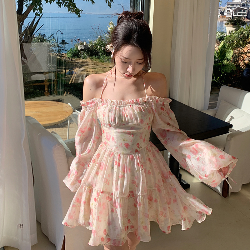 Dài Tay Phồng Lệch Vai Dây Đầm Nữ In Hoa Thanh Lịch Frill Trim Vải Xếp Áo Ngực
