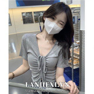 LANJIEXI Áo Thun Thiết Kế Dây Rút Cổ Chữ V Ôm Dáng Quyến Rũ Thời Trang Kiểu Pháp Cho Nữ
