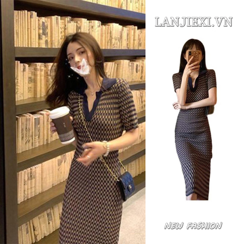 LANJIEXI Đầm Dệt Kim Cổ POLO Dáng Dài Ôm Eo Thiết Kế Quyến Rũ