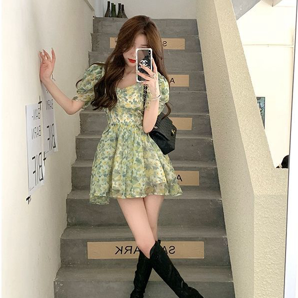 Lalisas Đầm Ngắn Cổ Vuông Tay Phồng In Hoa Kiểu Pháp Cổ Điển Ngọt Ngào Cho Nữ